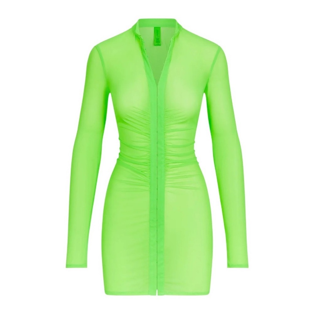 Skims Mesh Long Sleeve Ruched Dress in Neon Green